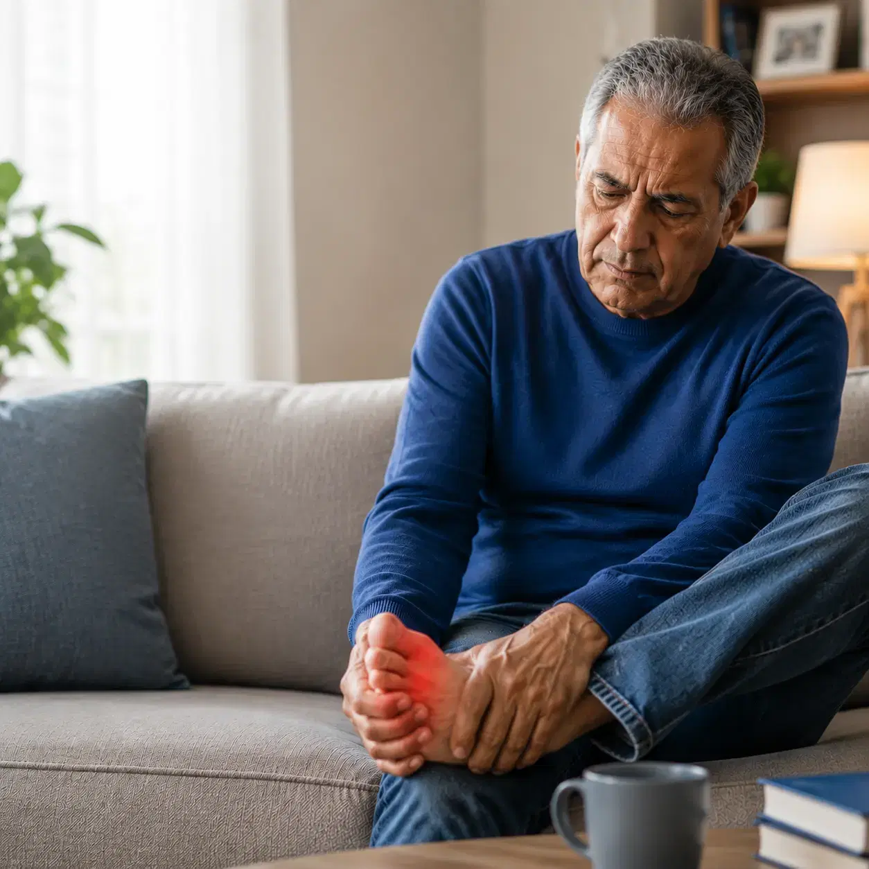 Adult managing gout foot pain at home